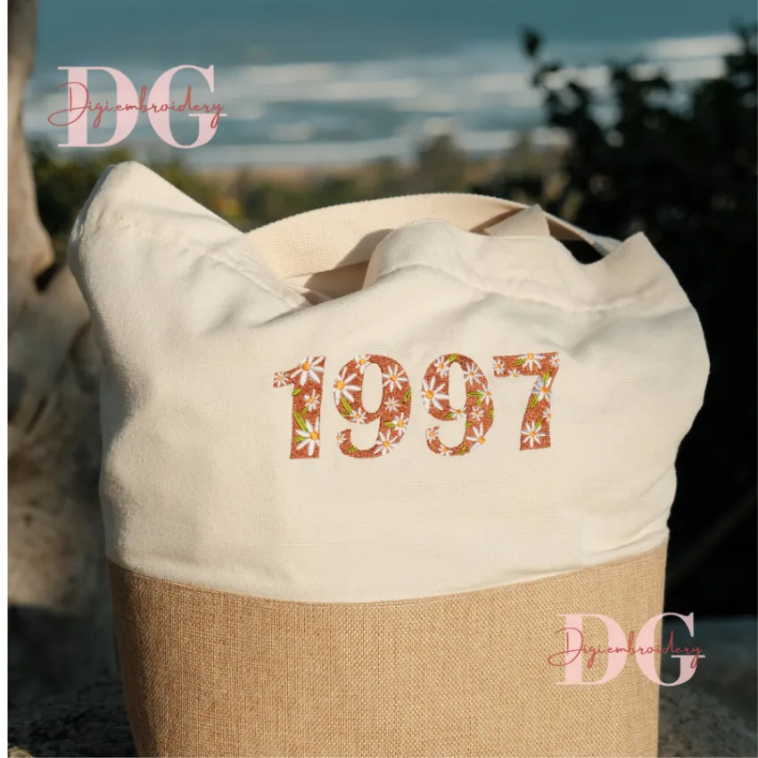 Custom name or image embroidered tote bag with complete personal style, featuring canvas material with rattan accent and zipper closure as a personalized birthday gift. Custom name or image embroidered tote bag with complete personal style, featuring canvas material with rattan accent and zipper closure as a personalized birthday gift.