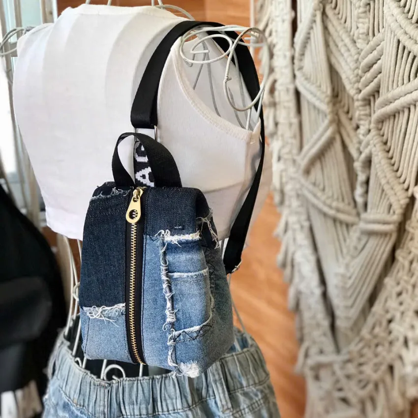 K1 crossbody bag from old jeans features unique backpack-style design, creating an upcycled jeans handbag in eco-fashion as unique handmade gift and birthday gift K1 crossbody bag from old jeans features unique backpack-style design, creating an upcycled jeans handbag in eco-fashion as unique handmade gift and birthday gift