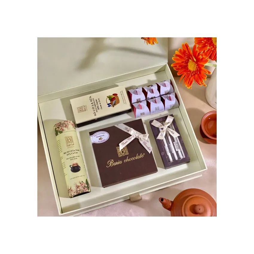 Hộp quà tặng socola Gold tôn vinh muôn vị socola, set socola tổng hợp kèm bột cacao hộp quà biếu đặc sản Việt Nam tặng doanh nghiệp