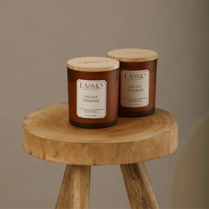 Velvet Twilight scented candle gift set with black pepper and amber fragrance, handcrafted with premium essential oils, perfect as a unique birthday gift
