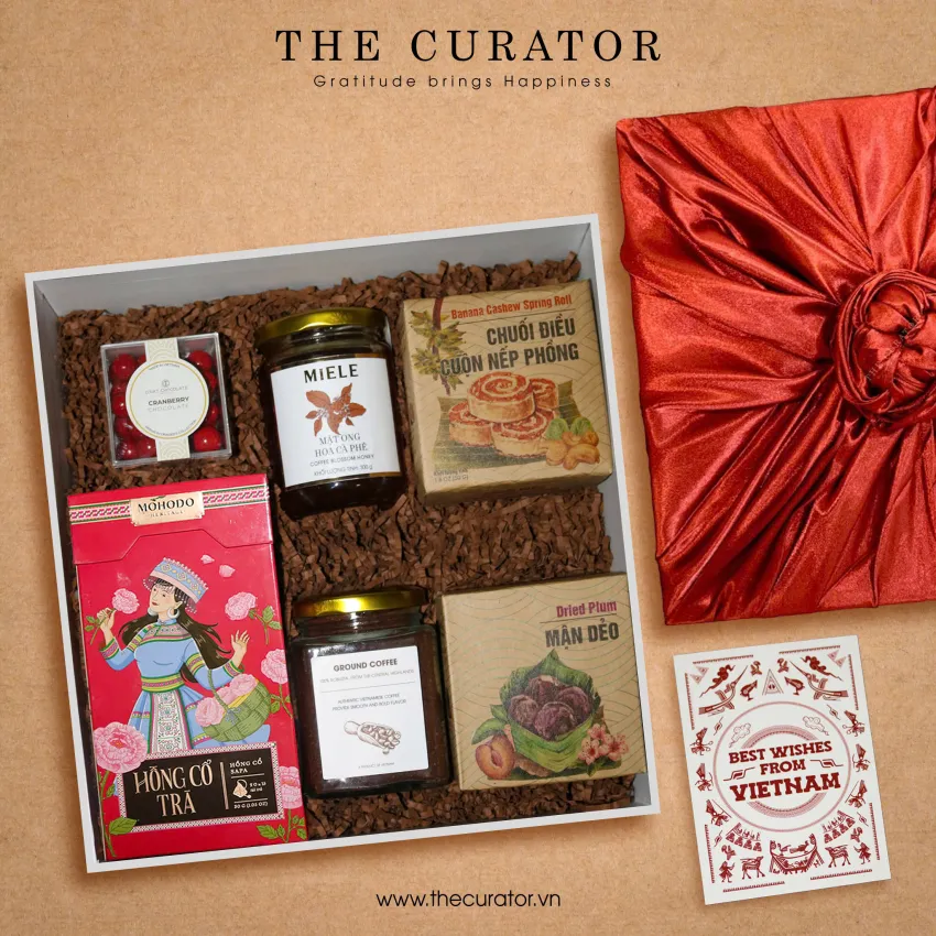 Around Vietnam Gift Box with tea, coffee, and Vietnamese snacks, a refined corporate gift, premium souvenir, and gourmet treat