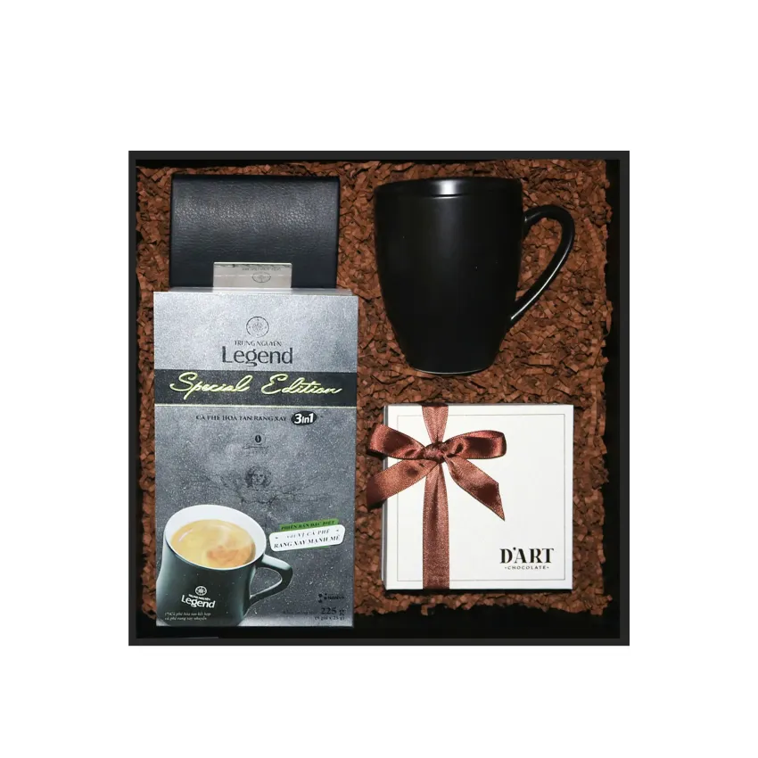 The "A Bold Style" gift box brings a bold touch to life with a ceramic cup, coffee, chocolate, and card holder – a premium Vietnamese corporate gift set.