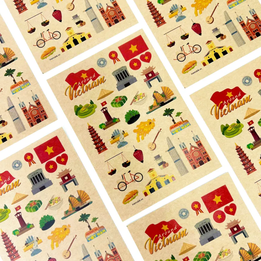 Bộ 2 tấm sticker "Around Vietnam" với 28 hình dán độc quyền, mang đến những góc nhìn rực rỡ về Việt Nam, thích hợp trang trí sổ tay và làm quà lưu niệm ý nghĩa.