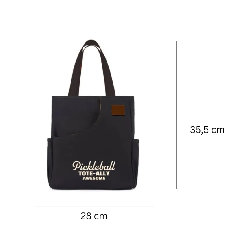 [BEST SELLER] Personalized "Pickleball Tote-Ally Awesome" Black Canvas Tote, Personalized Leather Tag, Pickleball Bags, Unique Birthday Gift Idea