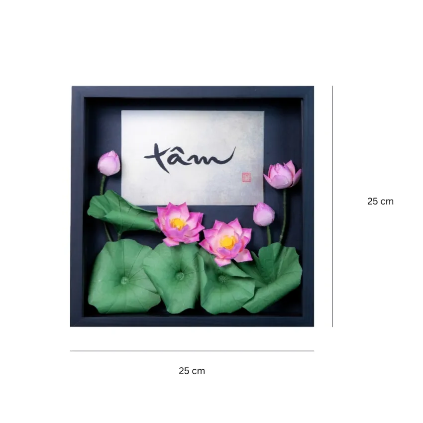Tranh Sen Thiền, 25 x 25cm, Tranh Hoa Giấy In Chữ Theo Yêu Cầu, Thông Điệp Dẫn Lối Bình An, Tranh Hoa Giấy Thủ Công Trang Trí Tết, Quà Tết Việt
