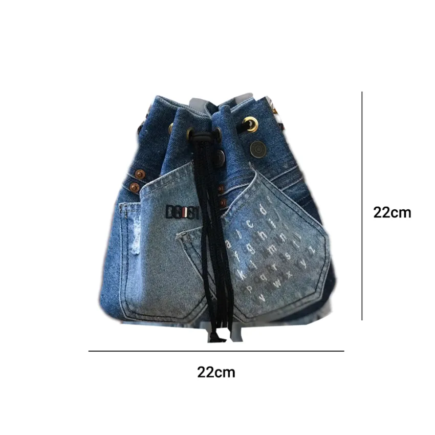 Blue Printed Letter Bucket Bag From Old Jeans, Passion Infused In Every Detail, Upcycled Bag, Convenient Drawstring Bag, Impressive Birthday Gift Blue Printed Letter Bucket Bag From Old Jeans, Passion Infused In Every Detail, Upcycled Bag, Convenient Drawstring Bag, Impressive Birthday Gift