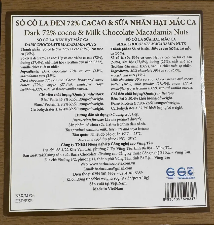 Macadamia Filled Chocolate Box, 9 Pieces Dark & Milk Chocolate, Unforgettable Fusion Flavor, Pure Chocolate, Healthy Snack, Vietnamese Specialty Gift